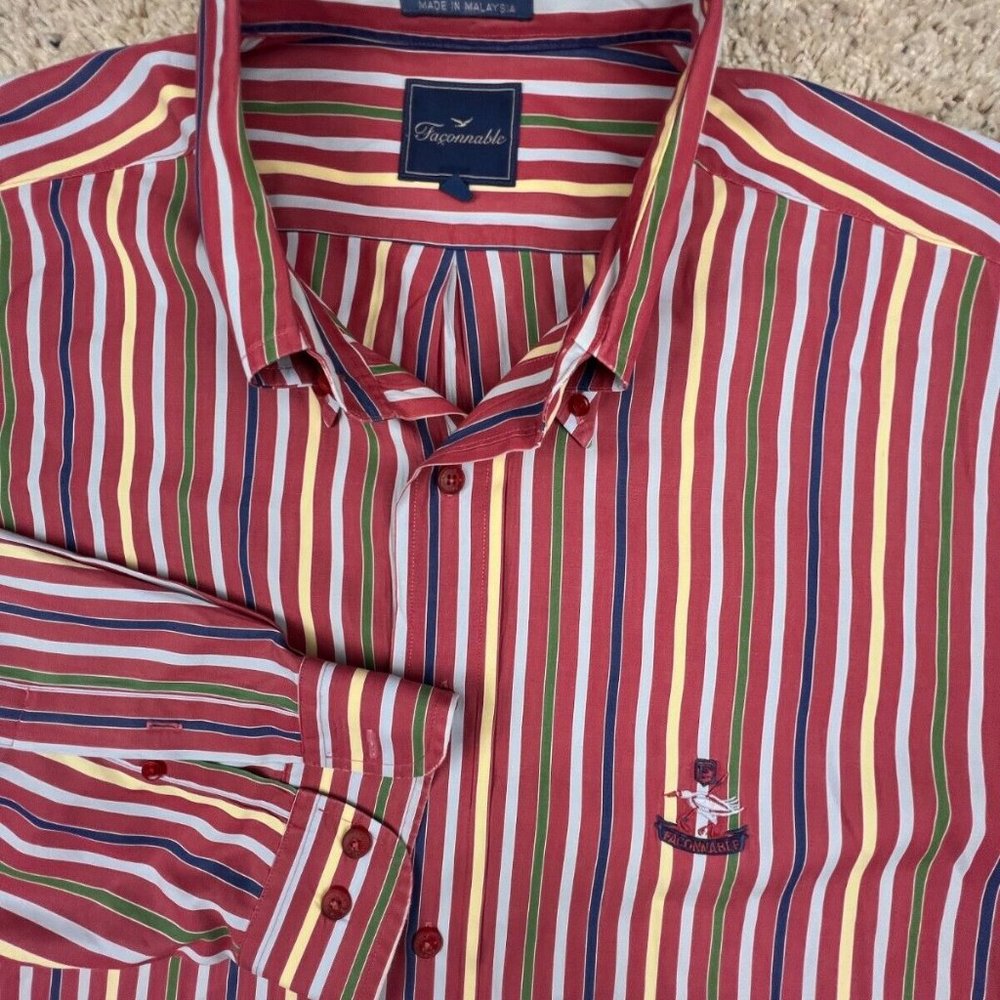 Faconnable Button Up Shirt Long Sleeve Striped Red Yellow Multi Cotton XL w Logo